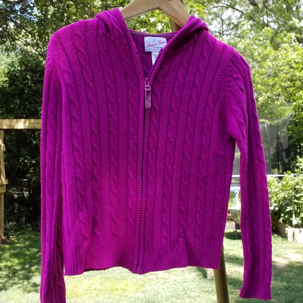 Old Navy SWEATER Jacket Dark Pink Zip Hooded Size L Cable Knit - Picture 5 of 9